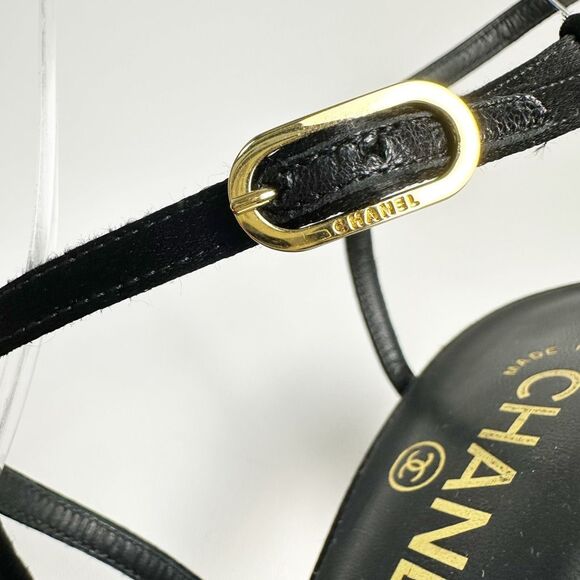 CHANEL Black Gold Heels Size 39 US 8.5 Interlocking CC Logo Slingback Sandal - Picture 9 of 13